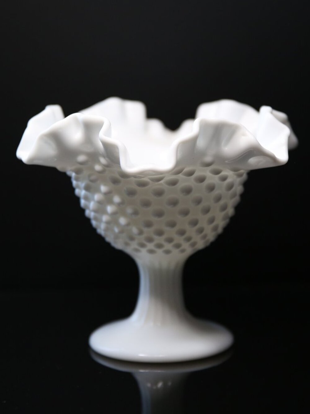 Vintage White Milk Glass Hobnail Footed Ruffled Edge Candy Dish Compote